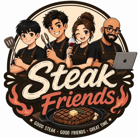 Логотип Steak Friends — четыре мультяшных повара над стейком на раскалённой сковороде